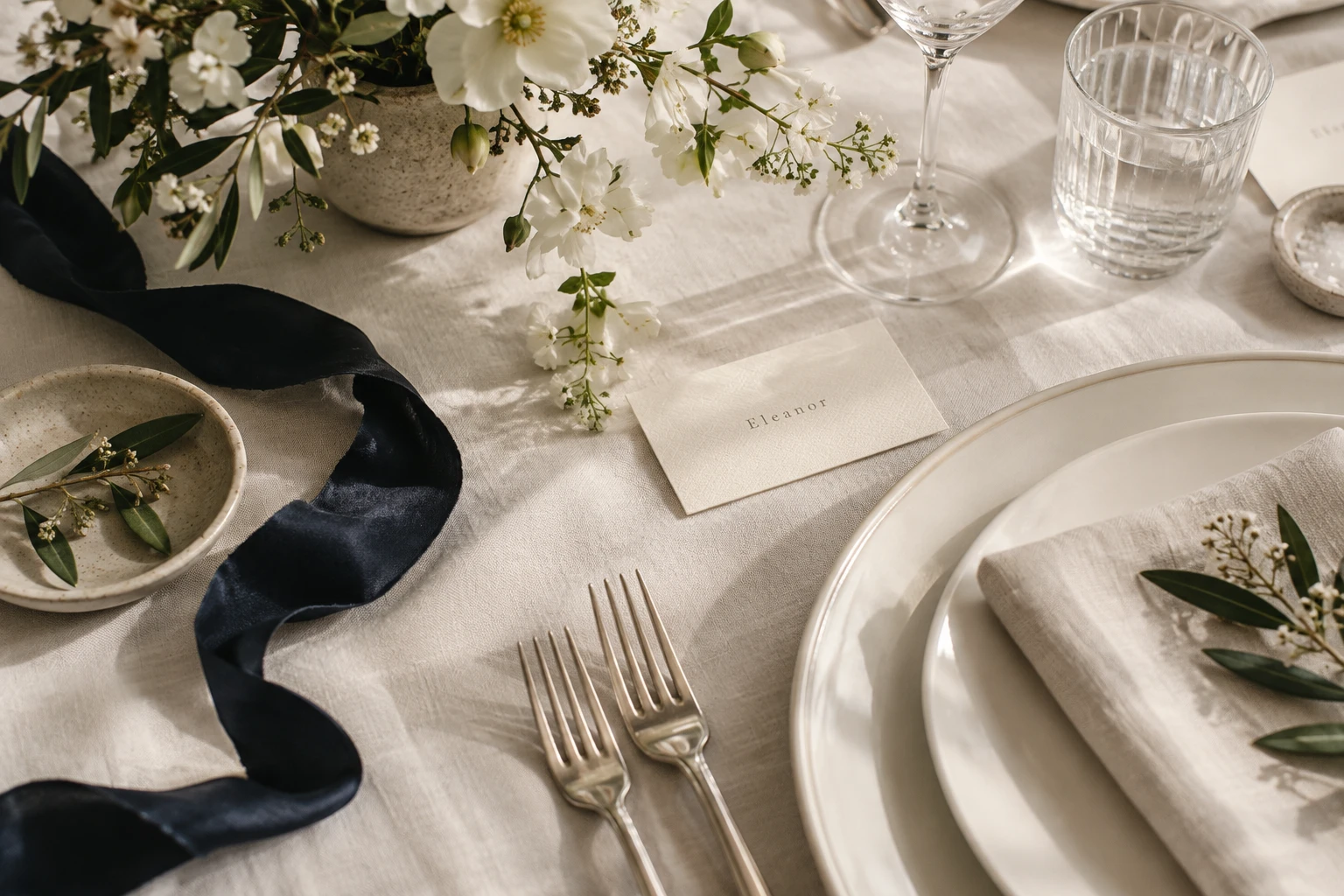 Ivory linen, a handwritten-style place card and a carefully arranged wedding table in natural light